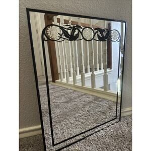 Vintage Painted Framed Mirror White Flowers Black Fern